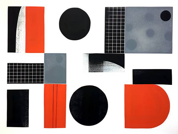 Geometrická Abstrakce v Červené, Bílé a Černé Barvě: Linorytina s Kruhy a Čtverci od Anja Frost
