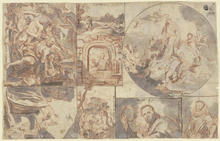 Acht Miniaturen nach Gemälden, darunter Rubens Gefangennahme des Simson sowie Domenico Fettis Melanc od Anonym