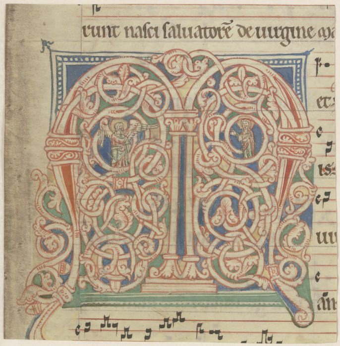 Initial M, Ornament mit Verkündigung an Maria (verso Textfragment) od Anonym