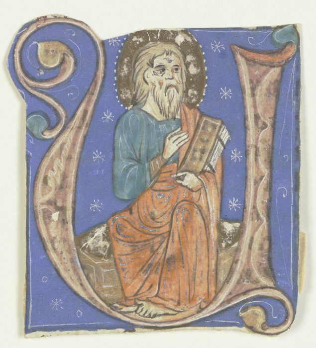 Initiale U: Darin ein nimbierter bärtiger Mann mit Codex (verso Textfragment) od Anonym
