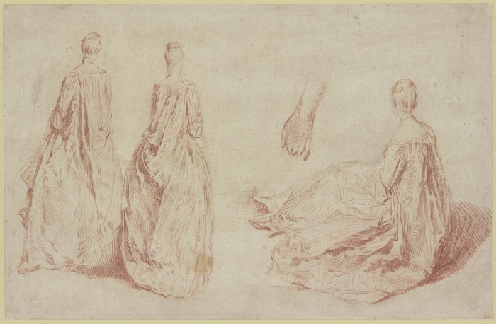 Zwei stehende Damen in Rückansicht, eine Hand und eine sitzende Dame od Anonym