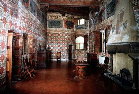 Bedroom or Sala dei Pavoni with frescoed trompe l'oeil decoration of wall hangings and a frieze of b od Anonymous