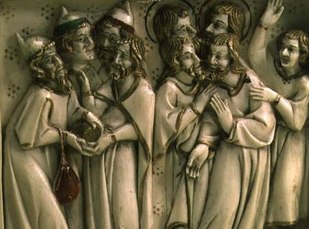 Judas receiving thirty pieces of silver, detail of ivory diptych,French od Anonymous