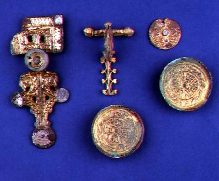 Selection of Anglo-Saxon jewellery; gilded bronze brooch; gilded bronze crossbow fibula; gilded copp od Anonymous