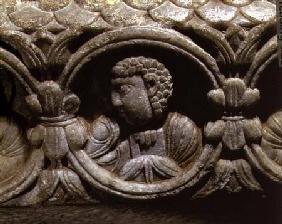 Profile bust of a male figure from a decorative frieze on the altar table