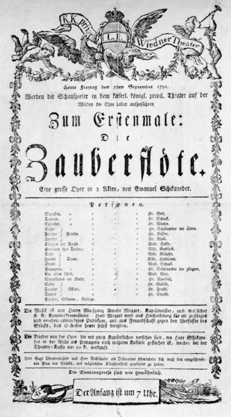 Poster advertising the premiere of 'The Magic Flute' by Wolfgang Amadeus Mozart at the Freihaustheat od Anonymus
