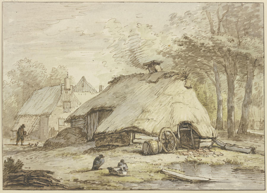 Drei Hütten unter Bäumen, im Vordergrund drei sitzende Enten od Anthonie van Borssom