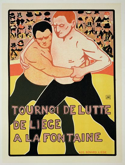 Reproduction of a poster advertising a wrestling tournament, at The Fountain, Liege, Belgium od Armand Rossenfosse