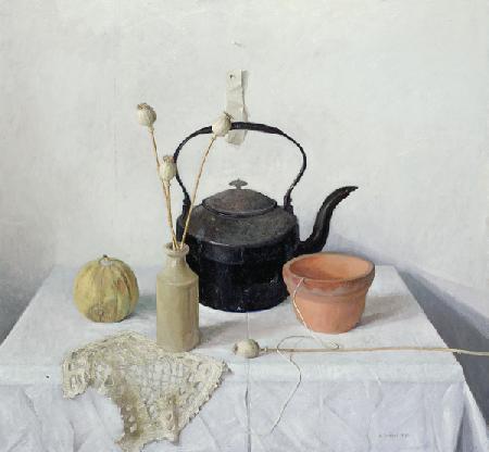 Kettle, Poppyheads and Gourd, Still Life