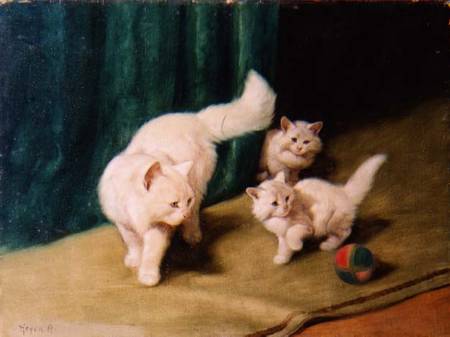 White Persian Cat with Two Kittens od Arthur Heyer