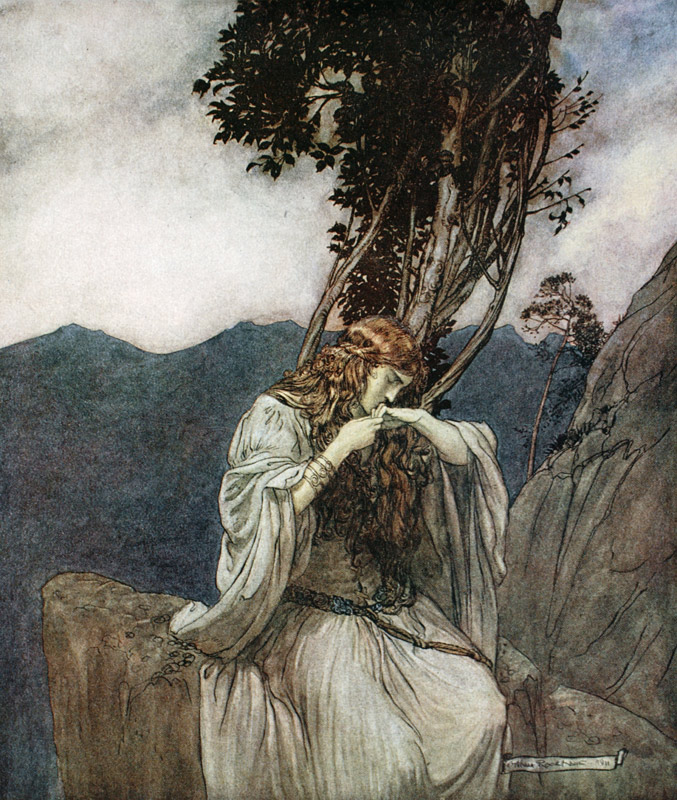 Brünnhilde kisses the ring that Siegfried has left with her. Illustration for "Siegfried and The Twi od Arthur Rackham