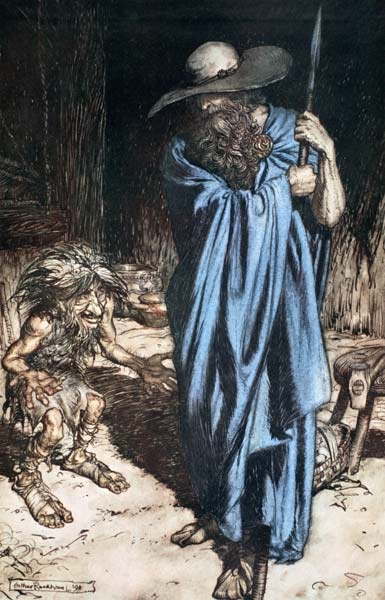 Mime and the Wanderer. Illustration for "Siegfried and The Twilight of the Gods" by Richard Wagner od Arthur Rackham