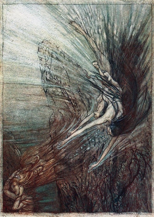 The frolic of the Rhinemaidens. Illustration for "The Rhinegold and The Valkyrie" by Richard Wagner od Arthur Rackham