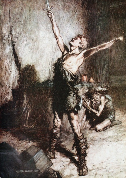 Siegfried forges his sword. Illustration for "Siegfried and The Twilight of the Gods" by Richard Wag od Arthur Rackham