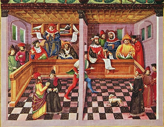 Ms Lat. 209 fol.8v Tribunal of the Scientists, from ''De Sphaera'', c.1470 od (attributed to) Cristoforo De Predis