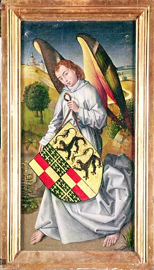 Angel holding a shield with the heraldic arms of de Chaugy and Montagu families with the two leopard od (attr. to) Rogier van der Weyden