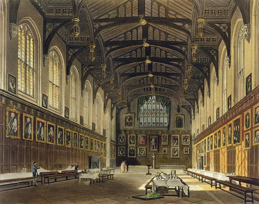 Interior of the Hall of Christ Church, illustration from the 'History of Oxford' engraved by J. Bluc od Augustus Charles Pugin