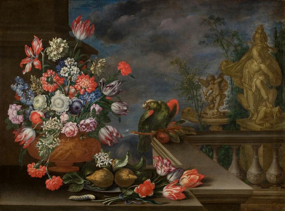 Stillleben mit Blumenvase, Zitrusfrüchten, Papagei und Brunnenskulptur od Bartolomeo Ligozzi