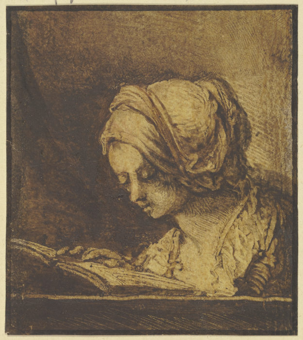 Brustbild eines lesenden Mädchens mit Haube od Benjamin Calau