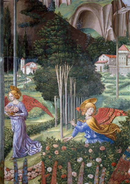 Angel gathering flowers in a heavenly landscape, detail from the Journey of the Magi cycle in the ch od Benozzo Gozzoli