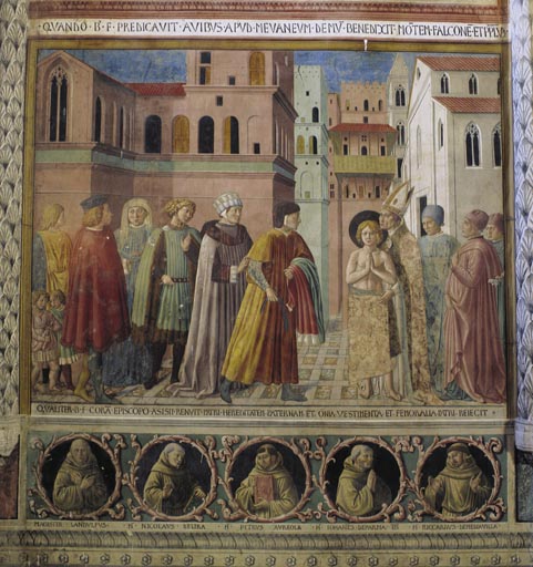 Der Heilige Franz von Assisi sagt sich von seinem Vater los und begibt sich in den Schutz des Bischo od Benozzo Gozzoli