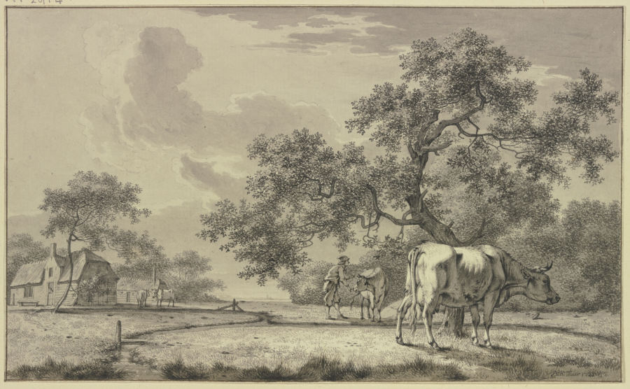 Unter einem Baum ein Bauer bei zwei Kühen od Bernhard Heinrich Thier