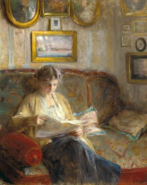 Reading woman in an interior. od Bertha Wegmann