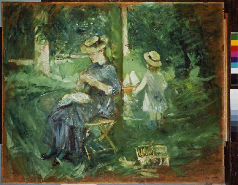 Young woman in the garden doing needlework od Berthe Morisot