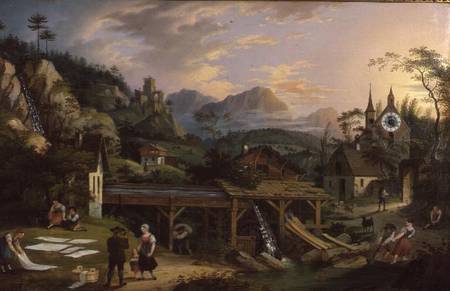 Picture Clock with scene of an Alpine village landscape with clock mechanism in church tower od C. L. Hoffmeister