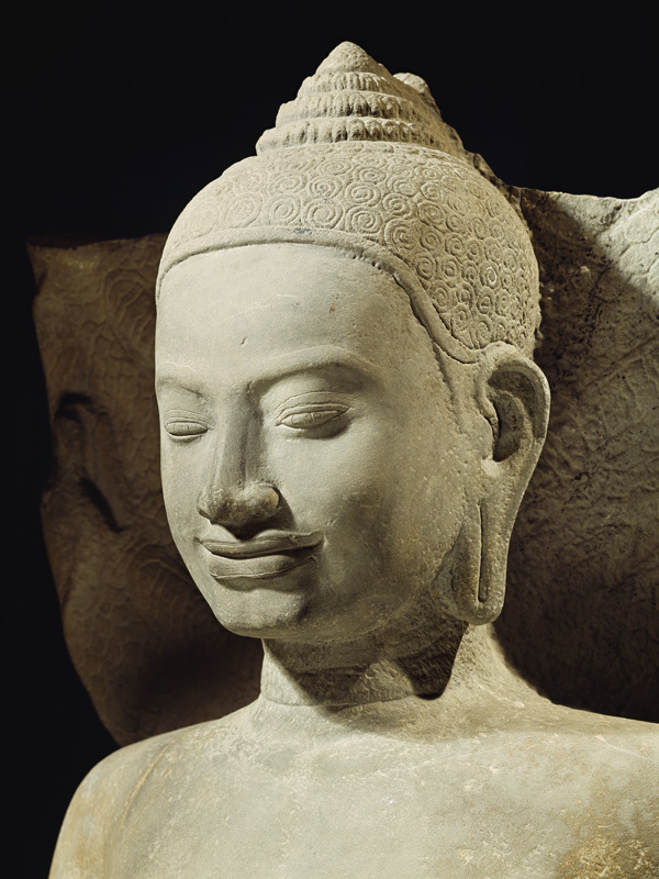 Buddha in Meditation on the Naga King, Mucilinda, detail of Buddha's head, from Preah Khan, Bayon st od Cambodian