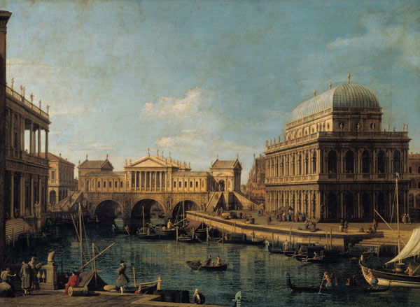 Capriccio s Ponte di Rialto v Benátkách podle návrhu Andrea Palladio a Baziliky ve V od Giovanni Antonio Canal (Canaletto)