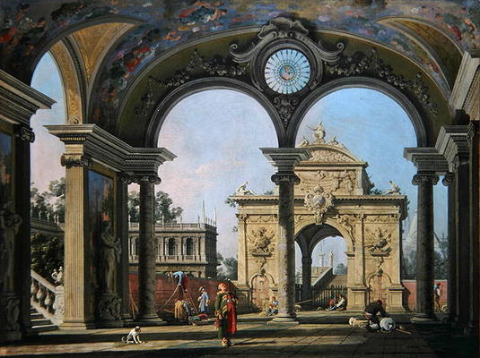 Capriccio of a triumphal arch seen through an ornate archway, c.1750 (oil on canvas) od Giovanni Antonio Canal (Canaletto)