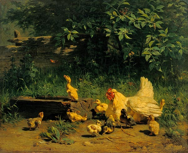 Hen with chicks and young ducks od Carl Jutz