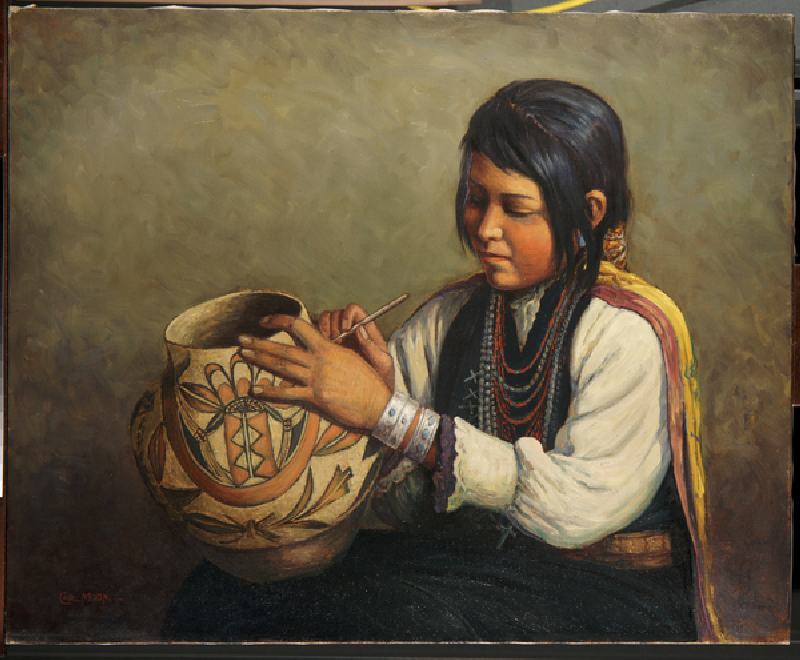 Isleta Pottery Maker, Pueblo of Isleta, New Mexico (oil on canvas) od Carl Moon