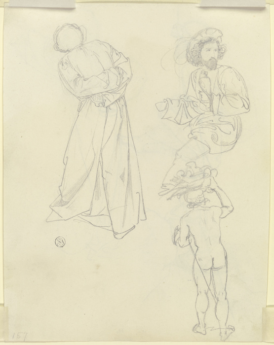 Stehende Figur im langen Mantel, sitzender Mann mit Barett und Falken auf der Hand, Rückenakt mit Bü od Carl Philipp Fohr