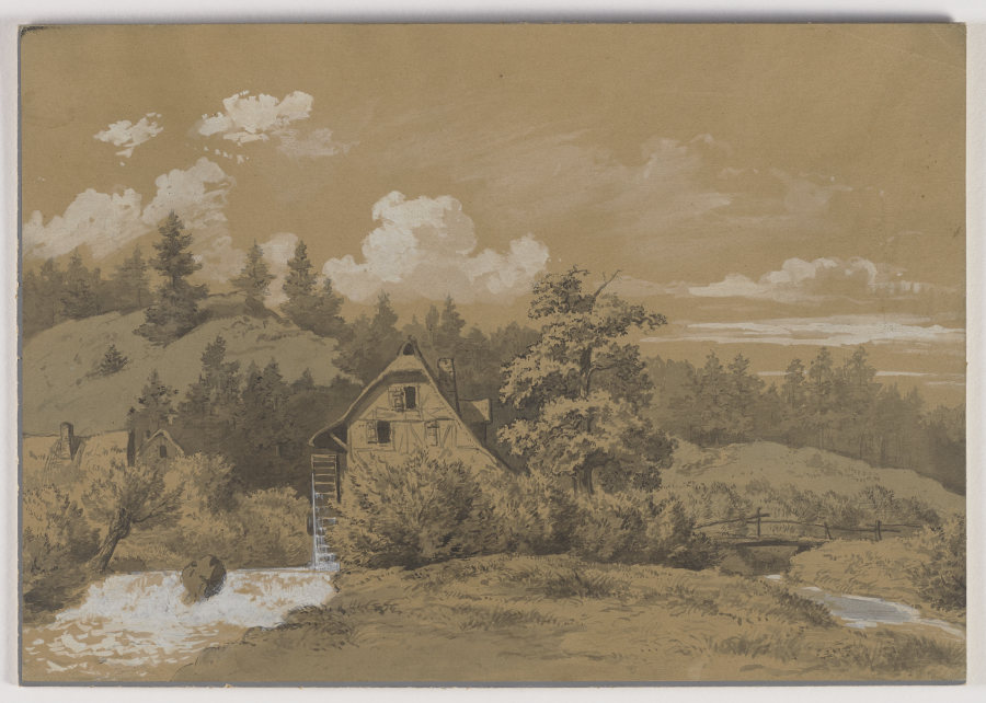 Landschaft mit Fachwerkhaus und Kaskade od Carl Roux