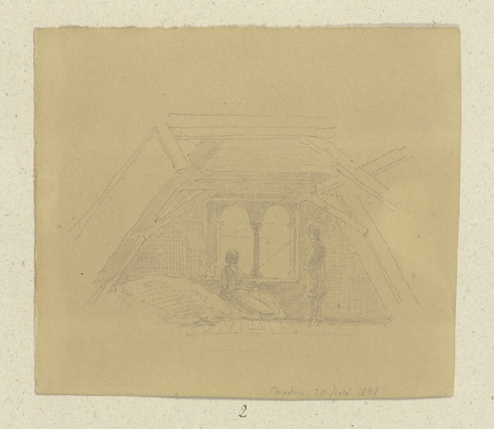 Dachstuhl in Karden, eine Frau und ein Mann blicken durch ein Biforium od Carl Theodor Reiffenstein