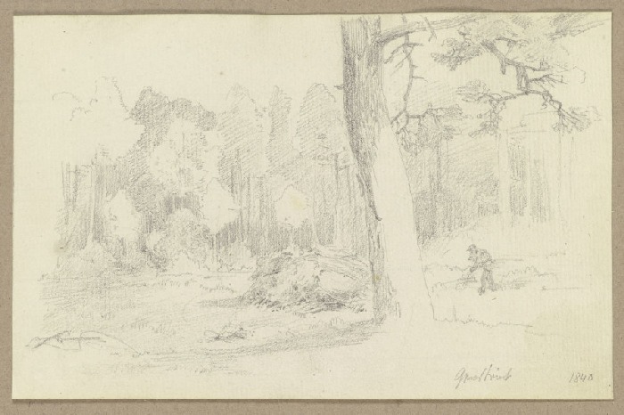 Waldstück mit Holzsammler und Reisighaufen od Carl Theodor Reiffenstein