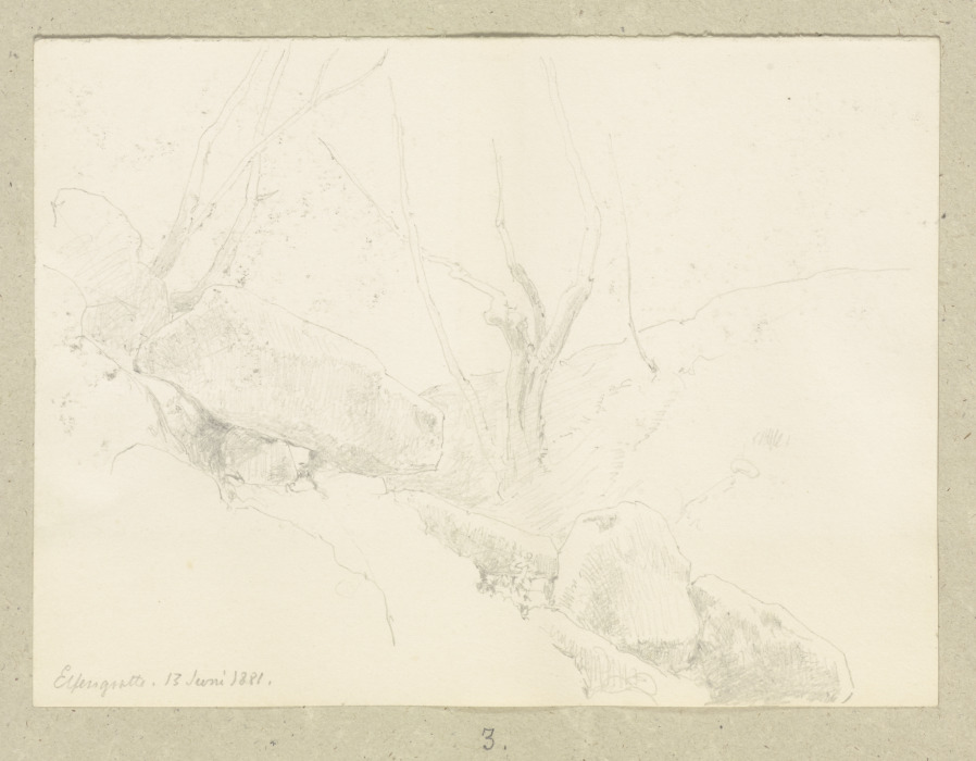Zwischen Bäumen in einer Senke umherliegende Felsbrocken od Carl Theodor Reiffenstein