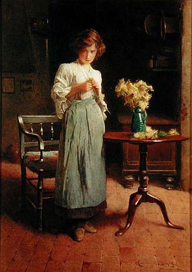 Girl in a cottage by a table and chair od Carlton Alfred Smith