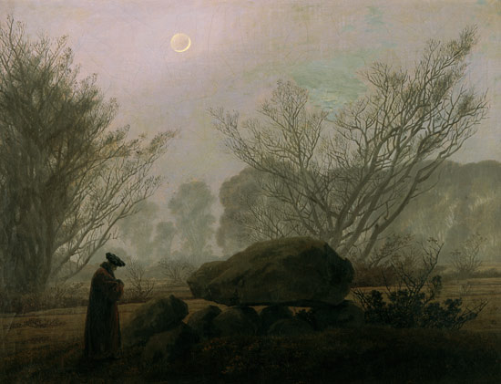 Walk i.d. dusk (man in analysis of a Hühnengrabes, evtl alone representation od Caspar David Friedrich