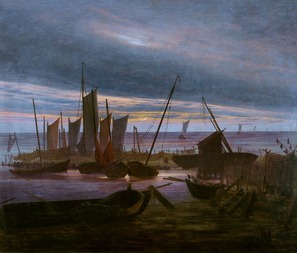 East sea beach with fishing boats at moonrise od Caspar David Friedrich
