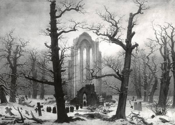 Zasnìžený høbitov v horách (spálen v roce 1945). Historická fotografie (1902) od Caspar David Friedrich
