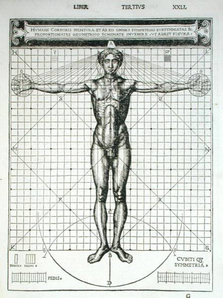 Ideal proportions based on the human body, from 'Di Lucio Vitruvio Pollione de architectura a libri od Cesare di Lorenzo Cesariano
