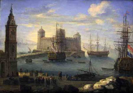 A Mediterranean port with men o' war od Charles Laurent Grevenbroeck