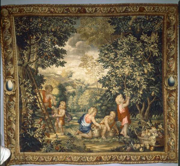 Boys harvesting fruit / Tapestry od Charles Le Brun