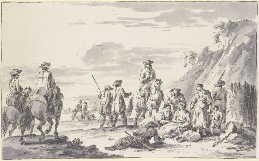 Soldaten zu Pferde und zu Fuß bei einem Schanzkorbe mit Frauen und Kindern od Charles Parrocel