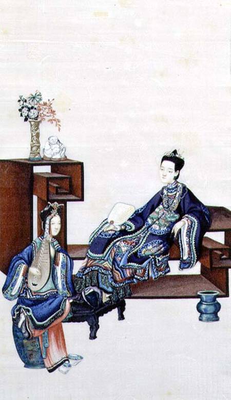 Lady Reclining with a Servant Playing a Musical Instrument od Chinese School