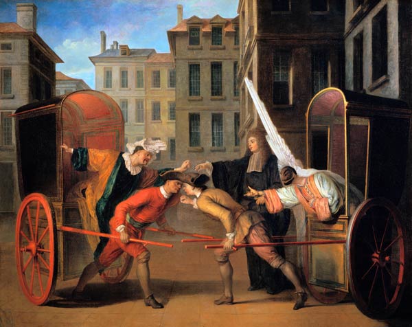 The Two Coaches, a scene added to the comedy 'The Fair at Saint-Germain' by Jean-Francois Regnard (1 od Claude Gillot