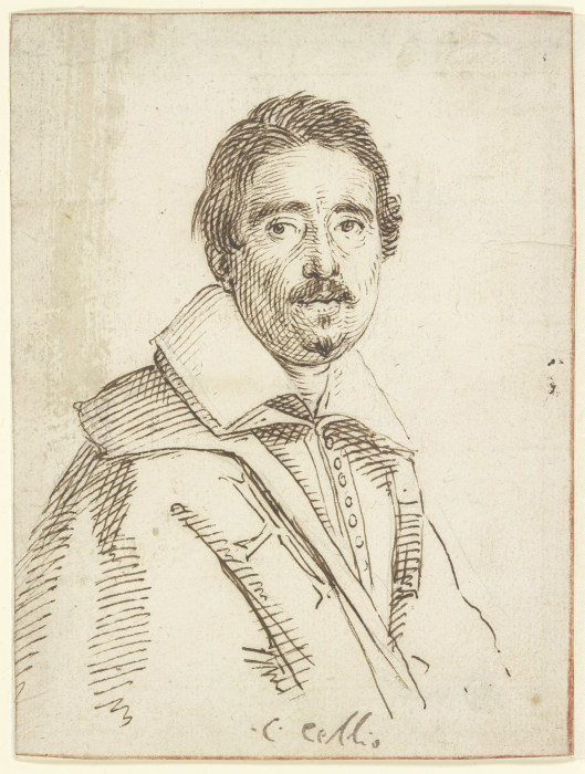 Brustbild eines Mannes mit Schnurr- und Knebelbart und umgelegtem Kragen nach rechts od Claude Mellan